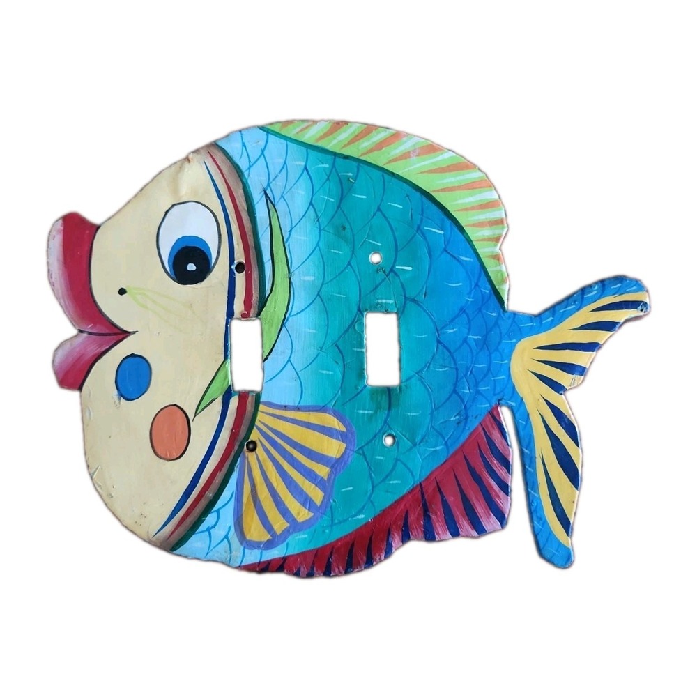 Hand Painted Metal Whimsical Fish Double Light Switch Plate Folk Art Colorful